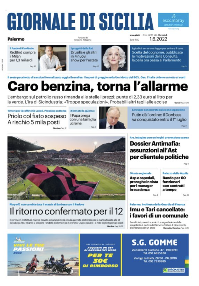Prima Pagina, Giornale di Sicilia: “Palermo-Padova, ritorno confermato per il 12″  prima pagina