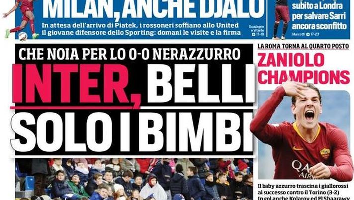 Prima Pagina, Corriere dello Sport: “Inter, belli solo i bimbi. Milan, anche Djalò. Zaniolo Champions…” Prima Pagina, Corriere dello Sport: “Inter, belli solo i bimbi. Milan, anche Djalò. Zaniolo Champions…”