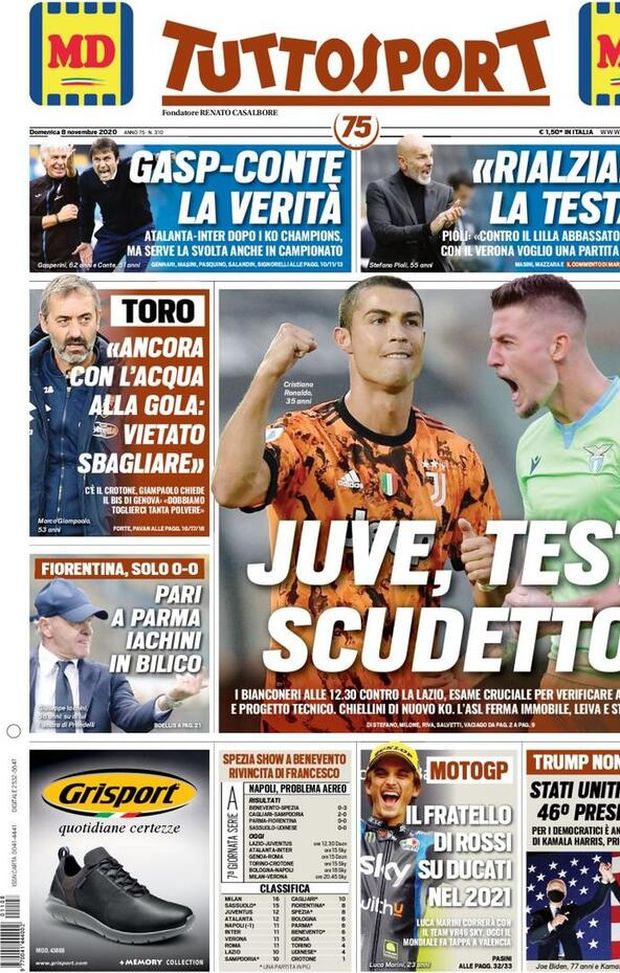  La prima pagina di 'Tuttosport', in edicola oggi 8 novembre 2020 