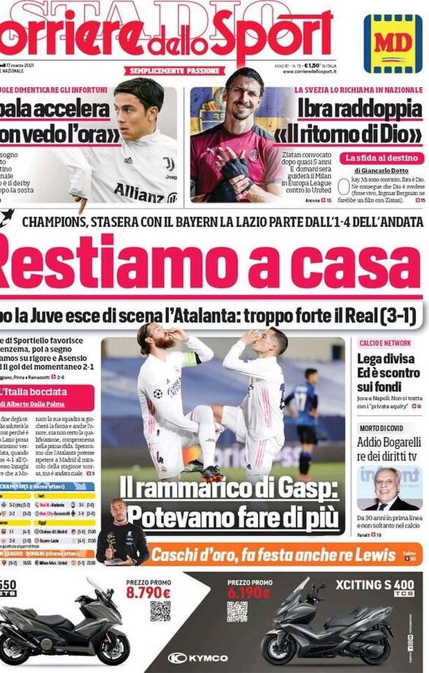 Ptima Pagina, Corriere dello Sport: “Restiamo a casa, il rammarico di Gasp! Dybala accelera, Ibra raddoppia. Addio a Bogarelli” Ptima Pagina, Corriere dello Sport: “Restiamo a casa, il rammarico di Gasp! Dybala accelera, Ibra raddoppia. Addio a Bogarelli”