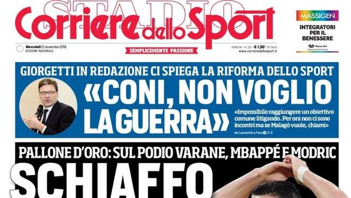 Prima Pagina, Corriere dello Sport: “Schiaffo a Ronaldo. Entra Politano e finalmente un gol. Mancini…” 