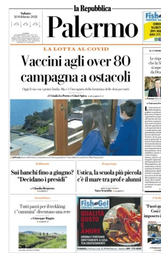 Prima Pagina, La Repubblica-Palermo: “Vaccini agli over 80, campagna a ostacoli. Sui banchi fino a giugno? Decidano i presidi” Prima Pagina, La Repubblica-Palermo: “Vaccini agli over 80, campagna a ostacoli. Sui banchi fino a giugno? Decidano i presidi”