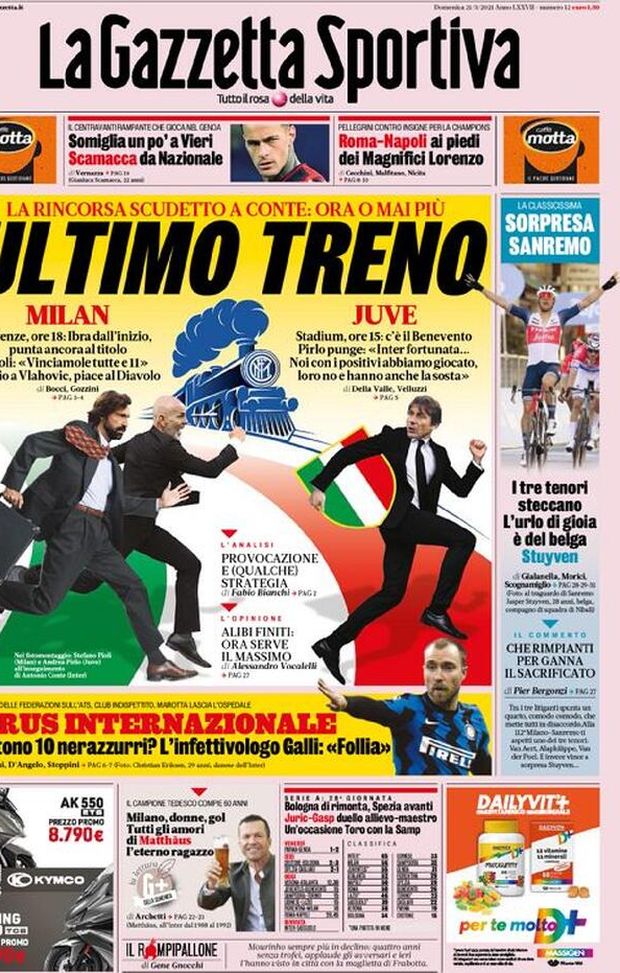 La Gazzetta dello Sport, la prima pagina di oggi, domenica 21 marzo 2021 