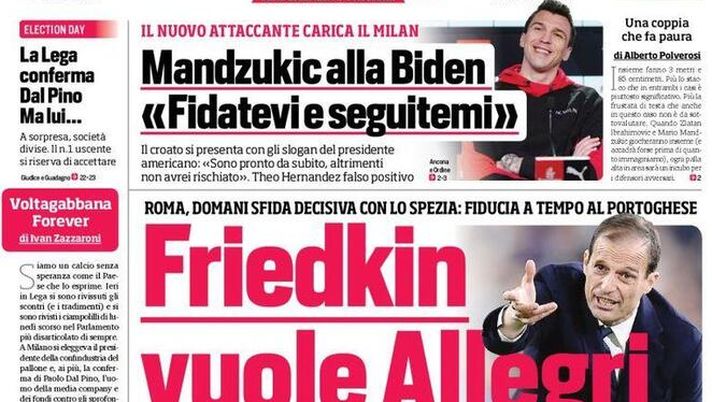 Prima Pagina, Corriere dello Sport: “Friedkin vuole Allegri! Mandzukic alla Biden, Lazio batte Parma” 