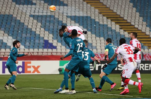 BELGRADE, SERBIA - FEBRUARY 18: Milan Pavkov of Crvena Zvezda scores their sides second goal during the UEFA Europa League Round of 32 match between Crvena Zvezda and AC Milan at Rajko Mitic Stadium on February 18, 2021 in Belgrade, Serbia. Sporting stadiums around Serbia remain under strict restrictions due to the Coronavirus Pandemic as Government social distancing laws prohibit fans inside venues resulting in games being played behind closed doors. (Photo by Srdjan Stevanovic/Getty Images) BELGRADE, SERBIA - FEBRUARY 18: Milan Pavkov of Crvena Zvezda scores their sides second goal during the UEFA Europa League Round of 32 match between Crvena Zvezda and AC Milan at Rajko Mitic Stadium on February 18, 2021 in Belgrade, Serbia. Sporting stadiums around Serbia remain under strict restrictions due to the Coronavirus Pandemic as Government social distancing laws prohibit fans inside venues resulting in games being played behind closed doors. (Photo by Srdjan Stevanovic/Getty Images)