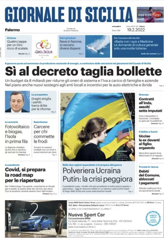 Prima Pagina, Giornale di Sicilia: “Si al decreto taglia bollette”  prima pagina