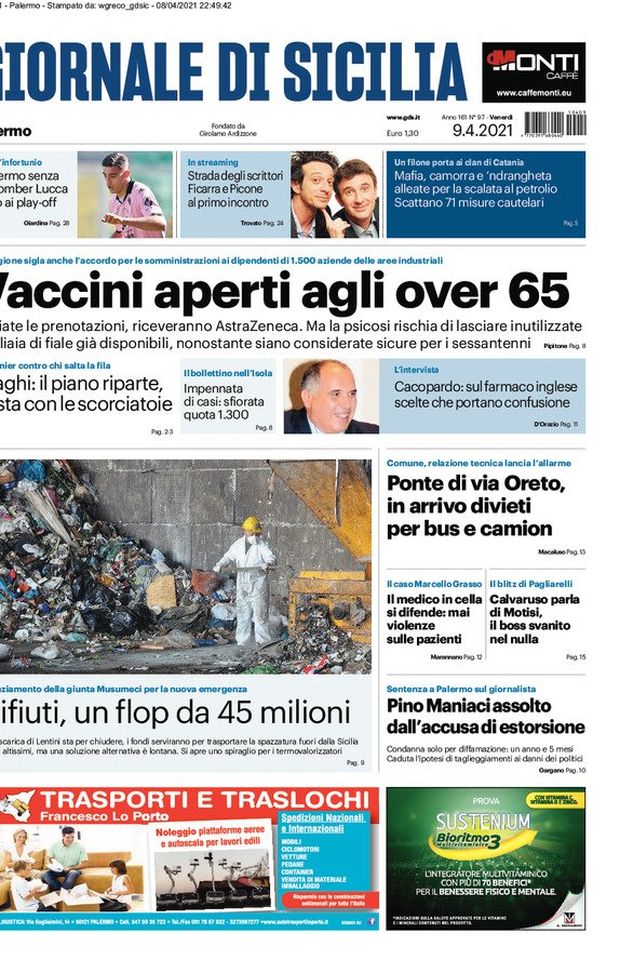 Prima Pagina, Giornale di Sicilia: &#8220;Vaccini aperti agli over 65. Rifiuti, un flop da 45 milioni&#8221; 