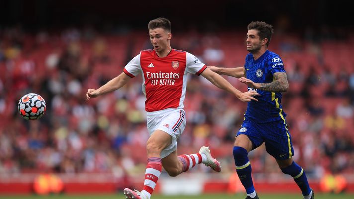 LONDON, ENGLAND - AUGUST 01: Kieran Tierney of Arsenal in action with Christian Pulisic of Chelsea during the Pre Season Friendly between Arsenal and Chelsea at Emirates Stadium on August 1, 2021 in London, England. (Photo by Marc Atkins/Getty Images) LONDON, ENGLAND - AUGUST 01: Kieran Tierney of Arsenal in action with Christian Pulisic of Chelsea during the Pre Season Friendly between Arsenal and Chelsea at Emirates Stadium on August 1, 2021 in London, England. (Photo by Marc Atkins/Getty Images)