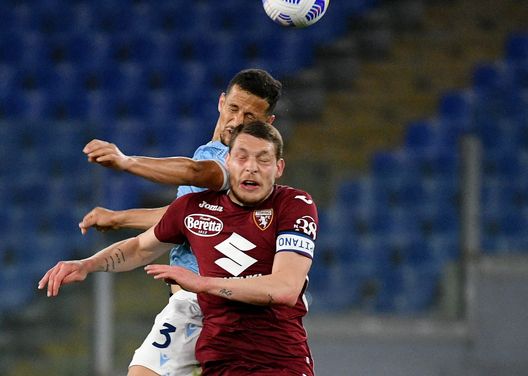 ROME, ITALY - MAY 18: Luiz Felipe Ramos Marchi of SS Lazio competes for the ball with Andrea Belotti of Torino FC during the Serie A match between SS Lazio and Torino FC at Stadio Olimpico on May 18, 2021 in Rome, Italy. (Photo by Marco Rosi - SS Lazio/Getty Images) ROME, ITALY - MAY 18: Luiz Felipe Ramos Marchi of SS Lazio competes for the ball with Andrea Belotti of Torino FC during the Serie A match between SS Lazio and Torino FC at Stadio Olimpico on May 18, 2021 in Rome, Italy. (Photo by Marco Rosi - SS Lazio/Getty Images)