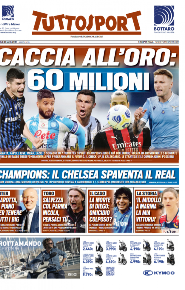 Prima Pagina, Tuttosport: “Caccia all’oro: 60 milioni. Inter, il piano per tenere tutti i big. Diego, omicidio colposo?” 