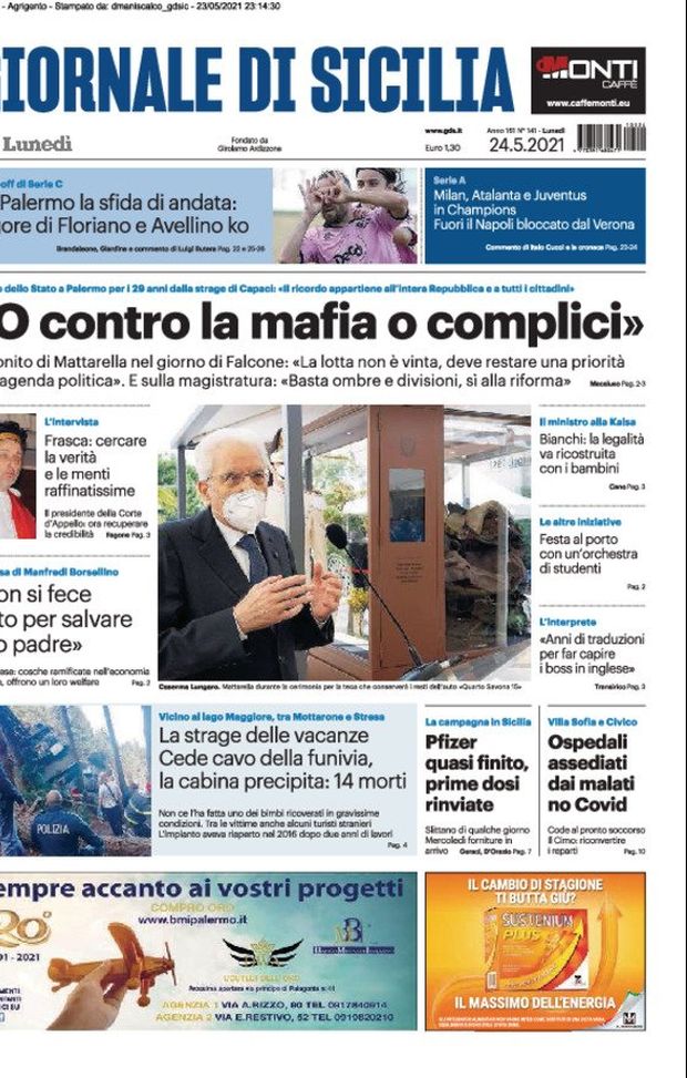 Prima Pagina, Giornale di Sicilia: “O contro la mafia o complici. Al Palermo l’andata” Prima Pagina, Giornale di Sicilia: “O contro la mafia o complici. Al Palermo l’andata”