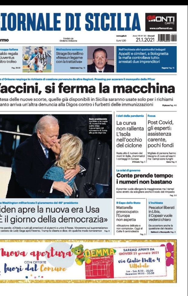 Prima Pagina, Giornale di Sicilia: “Vaccini, si ferma la macchina. Ronaldo regala alla Juventus un altro trofeo” 