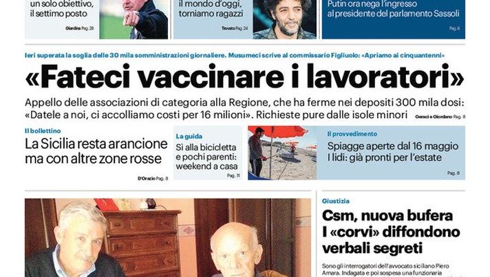 Prima Pagina, Giornale di Sicilia: “Fateci vaccinare i lavoratori! La Sicilia resta arancione” Prima Pagina, Giornale di Sicilia: “Fateci vaccinare i lavoratori! La Sicilia resta arancione”