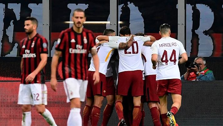 La Roma festeggia a San Siro contro il Milan, foto Getty Images
