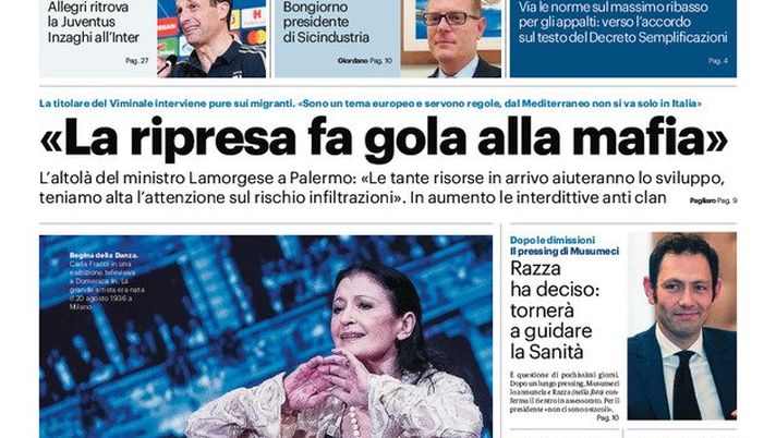Prima Pagina, Giornale di Sicilia: “La ripresa fa gola alla mafia. Allegri ritrova la Juventus, Inzaghi all’Inter” Prima Pagina, Giornale di Sicilia: “La ripresa fa gola alla mafia. Allegri ritrova la Juventus, Inzaghi all’Inter”
