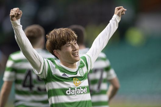 GLASGOW, SCOTLAND - AUGUST 08: Kyogo Furuhashi of Celtic celebrates his third goal (Hat trick goal) during the Cinch Scottish Premiership match between Celtic FC and Dundee FC on August 8, 2021 in Glasgow, United Kingdom. (Photo by Steve Welsh/Getty Images) GLASGOW, SCOTLAND - AUGUST 08: Kyogo Furuhashi of Celtic celebrates his third goal (Hat trick goal) during the Cinch Scottish Premiership match between Celtic FC and Dundee FC on August 8, 2021 in Glasgow, United Kingdom. (Photo by Steve Welsh/Getty Images)