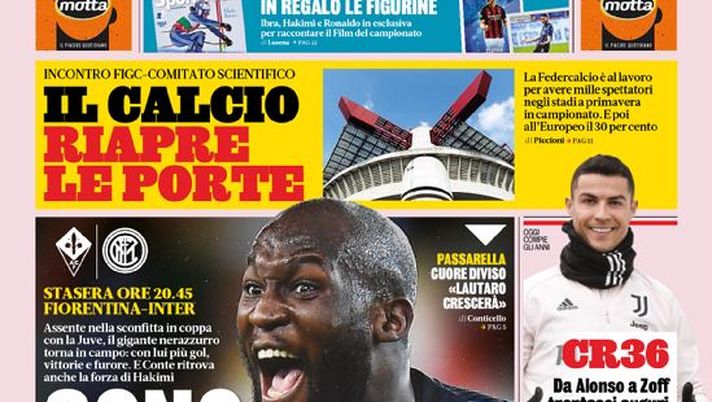 Prima Pagina, Gazzetta dello Sport: “Incontro FICG-CTS: il calcio riapre le porte! Lukaku, risolve problemi” 