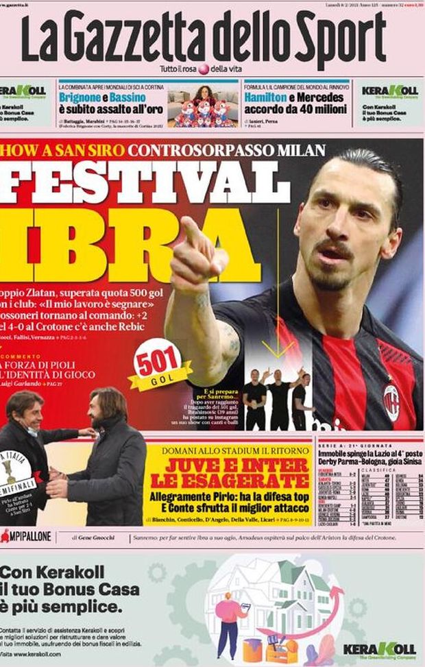 Prima Pagina, La Gazzetta dello Sport: “Festival Ibra. Juve e Inter le esagerate”  Prima Pagina, La Gazzetta dello Sport: “Festival Ibra. Juve e Inter le esagerate”