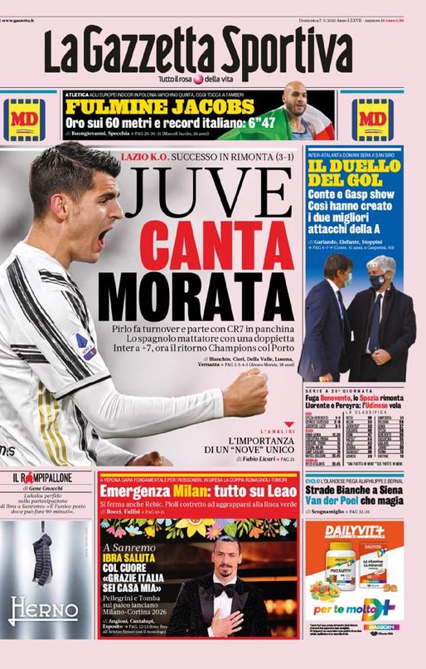 Prima Pagina, La Gazzetta dello Sport: “Juve, canta Morata. Inter-Atalanta, il duello del gol” 