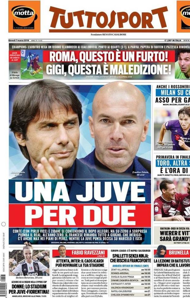 Prima Pagina, Tuttosport: “Una Juve per due. Roma, questo è un furto! Asso per Gattuso. Spalletti…” Prima Pagina, Tuttosport: “Una Juve per due. Roma, questo è un furto! Asso per Gattuso. Spalletti…”