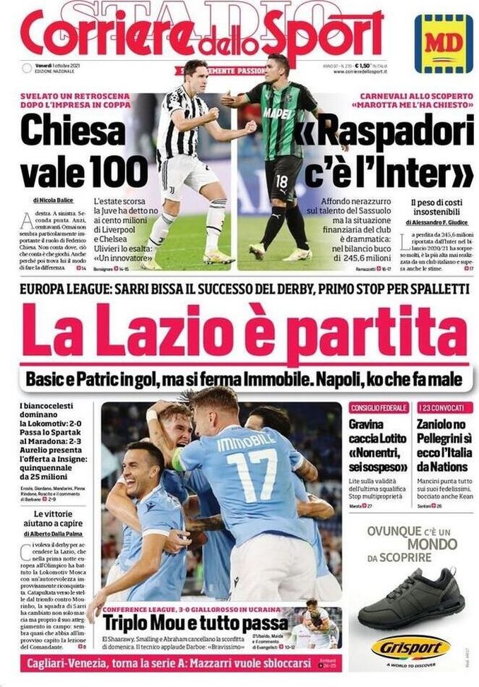 Prima Pagina, Corriere dello Sport: “Chiesa vale 100. La Lazio è partita” Prima Pagina