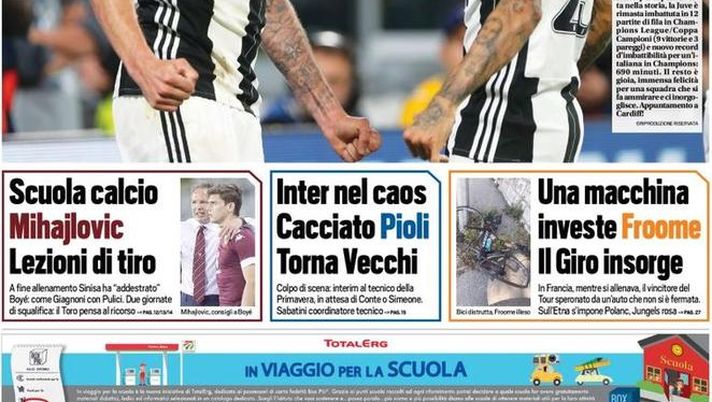 Prima Pagina, Tuttosport: “Favolosi! Juventus in finale Champions. Inter nel caos, cacciato Pioli. E Sabatini…” Prima Pagina, Tuttosport: “Favolosi! Juventus in finale Champions. Inter nel caos, cacciato Pioli. E Sabatini…”