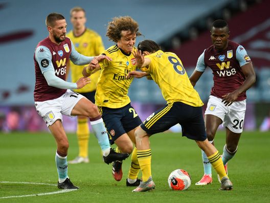 BIRMINGHAM, ENGLAND - JULY 21: Conor Hourihane of Aston Villa battles for possession with David Luiz of Arsenal and Dani Ceballos of Arsenal during the Premier League match between Aston Villa and Arsenal FC at Villa Park on July 21, 2020 in Birmingham, England. Football Stadiums around Europe remain empty due to the Coronavirus Pandemic as Government social distancing laws prohibit fans inside venues resulting in all fixtures being played behind closed doors. (Photo by Peter Powell/Pool via Getty Images) BIRMINGHAM, ENGLAND - JULY 21: Conor Hourihane of Aston Villa battles for possession with David Luiz of Arsenal and Dani Ceballos of Arsenal during the Premier League match between Aston Villa and Arsenal FC at Villa Park on July 21, 2020 in Birmingham, England. Football Stadiums around Europe remain empty due to the Coronavirus Pandemic as Government social distancing laws prohibit fans inside venues resulting in all fixtures being played behind closed doors. (Photo by Peter Powell/Pool via Getty Images)