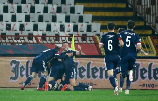 BELGRADE, SERBIA - NOVEMBER 12: Ryan Christie of Scotland celebrates after scoring his team's first goal with his team during the UEFA EURO 2020 Play-Off Final between Serbia and Scotland at Rajko Mitic Stadium on November 12, 2020 in Belgrade, Serbia. Football Stadiums around Europe remain empty due to the Coronavirus Pandemic as Government social distancing laws prohibit fans inside venues resulting in fixtures being played behind closed doors. (Photo by Srdjan Stevanovic/Getty Images) BELGRADE, SERBIA - NOVEMBER 12: Ryan Christie of Scotland celebrates after scoring his team's first goal with his team during the UEFA EURO 2020 Play-Off Final between Serbia and Scotland at Rajko Mitic Stadium on November 12, 2020 in Belgrade, Serbia. Football Stadiums around Europe remain empty due to the Coronavirus Pandemic as Government social distancing laws prohibit fans inside venues resulting in fixtures being played behind closed doors. (Photo by Srdjan Stevanovic/Getty Images)