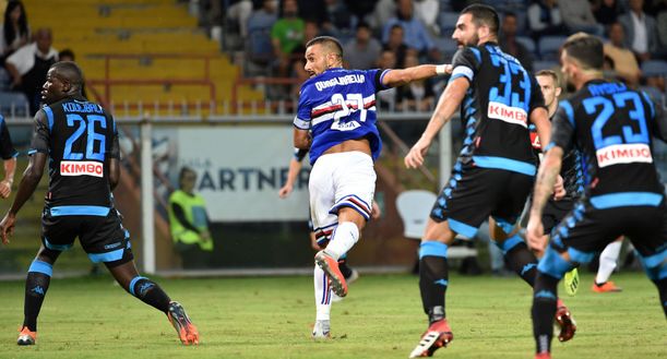 GENOA, ITALY - SEPTEMBER 02: Fabio Quagliarella of Sampdoria score goal 3-0 during the serie A match between UC Sampdoria and SSC Napoli at Stadio Luigi Ferraris on September 2, 2018 in Genoa, Italy. (Photo by Paolo Rattini/Getty Images) GENOA, ITALY - SEPTEMBER 02: Fabio Quagliarella of Sampdoria score goal 3-0 during the serie A match between UC Sampdoria and SSC Napoli at Stadio Luigi Ferraris on September 2, 2018 in Genoa, Italy. (Photo by Paolo Rattini/Getty Images)