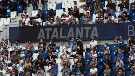 BERGAMO, ITALY - AUGUST 28: The Atalanta BC fans before the Serie A match between Atalanta BC and Bologna FC at Gewiss Stadium on August 28, 2021 in Bergamo, . (Photo by Marco Luzzani/Getty Images)