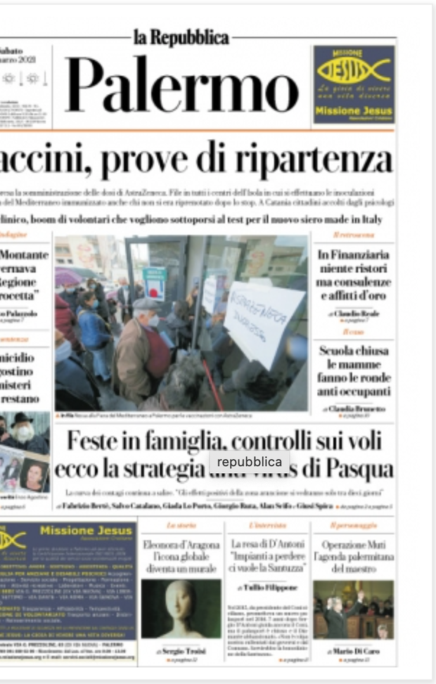 Prima Pagina, La Repubblica Palermo: “Vaccini, prove di ripartenza. Riparte la somministrazione”  Prima Pagina, La Repubblica Palermo: “Vaccini, prove di ripartenza. Riparte la somministrazione”