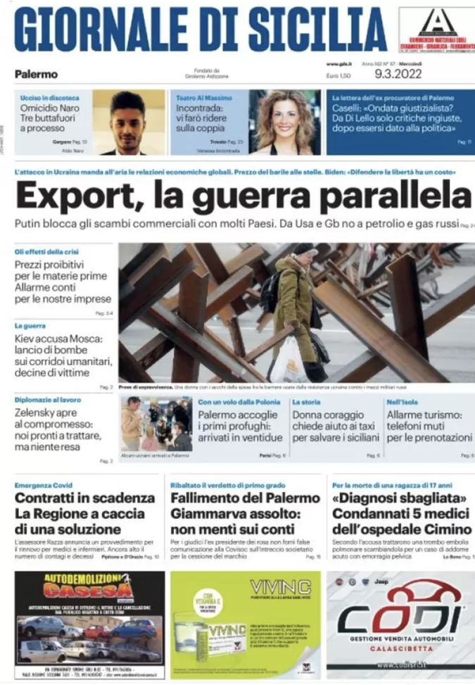 Prima Pagina, Giornale di Sicilia: “Export, la guerra parallela. Allarme turismo”  prima pagina