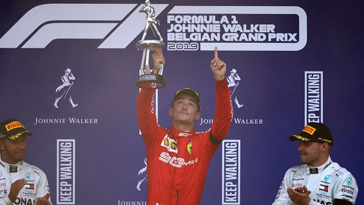 SPA, BELGIUM - SEPTEMBER 01: Race winner Charles Leclerc of Monaco and Ferrari (centre) celebrates on the podium with second placed Lewis Hamilton of Great Britain and Mercedes GP (left) and third placed Valtteri Bottas of Finland and Mercedes GP (right) during the F1 Grand Prix of Belgium at Circuit de Spa-Francorchamps on September 01, 2019 in Spa, Belgium. (Photo by Dean Mouhtaropoulos/Getty Images) SPA, BELGIUM - SEPTEMBER 01: Race winner Charles Leclerc of Monaco and Ferrari (centre) celebrates on the podium with second placed Lewis Hamilton of Great Britain and Mercedes GP (left) and third placed Valtteri Bottas of Finland and Mercedes GP (right) during the F1 Grand Prix of Belgium at Circuit de Spa-Francorchamps on September 01, 2019 in Spa, Belgium. (Photo by Dean Mouhtaropoulos/Getty Images)