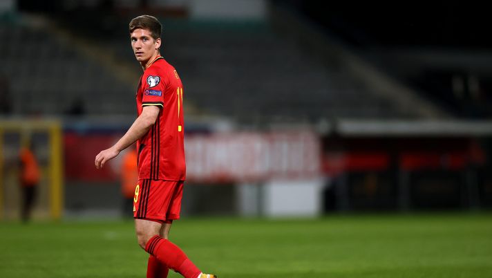 LEUVEN, BELGIUM - MARCH 30: Dennis Praet of Belgium in action during the FIFA World Cup 2022 Qatar qualifying match between Belgium and Belarus at The King Power Stadium, Den Dreef on March 30, 2021 in Leuven, Belgium. Sporting stadiums around Belgium remain under strict restrictions due to the Coronavirus Pandemic as Government social distancing laws prohibit fans inside venues resulting in games being played behind closed doors. (Photo by Dean Mouhtaropoulos/Getty Images) LEUVEN, BELGIUM - MARCH 30: Dennis Praet of Belgium in action during the FIFA World Cup 2022 Qatar qualifying match between Belgium and Belarus at The King Power Stadium, Den Dreef on March 30, 2021 in Leuven, Belgium. Sporting stadiums around Belgium remain under strict restrictions due to the Coronavirus Pandemic as Government social distancing laws prohibit fans inside venues resulting in games being played behind closed doors. (Photo by Dean Mouhtaropoulos/Getty Images)
