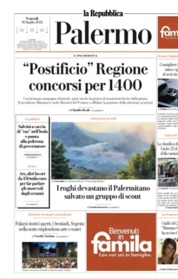 Prima Pagina, La Repubblica-Palermo: “”Postificio Regione concorsi per 1400″  Prima Pagina, La Repubblica-Palermo: “”Postificio Regione concorsi per 1400″
