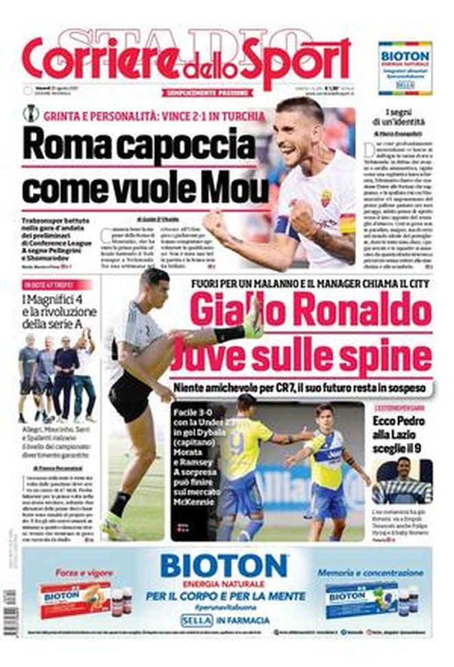 Prima Pagina, Corriere dello Sport: &#8220;Roma capoccia. Giallo Ronaldo, Juve sulle spine&#8221; 