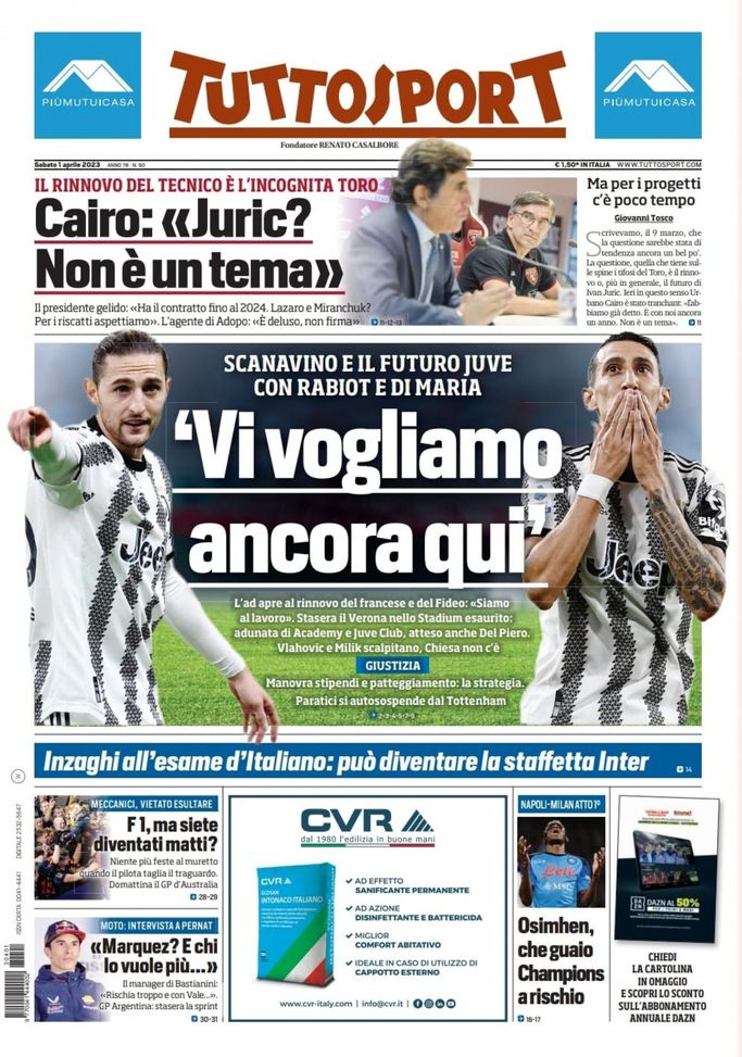 Prima pagina Tuttosport 01/04/2023