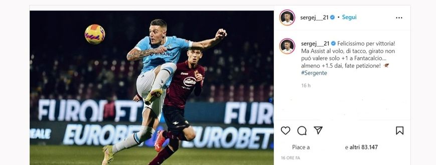 Fantacalcio Lazio, l’ironia di Milinkovic-Savic: “Il mio assist vale +1,5! Fate una petizione”- immagine 2