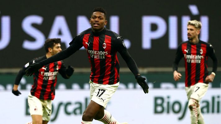 MILAN, ITALY - JANUARY 09: Rafael Leao of Milan celebrates after scoring their sides first goal during the Serie A match between AC Milan and Torino FC at Stadio Giuseppe Meazza on January 09, 2021 in Milan, Italy. Sporting stadiums around Italy remain under strict restrictions due to the Coronavirus Pandemic as Government social distancing laws prohibit fans inside venues resulting in games being played behind closed doors. (Photo by Marco Luzzani/Getty Images) MILAN, ITALY - JANUARY 09: Rafael Leao of Milan celebrates after scoring their sides first goal during the Serie A match between AC Milan and Torino FC at Stadio Giuseppe Meazza on January 09, 2021 in Milan, Italy. Sporting stadiums around Italy remain under strict restrictions due to the Coronavirus Pandemic as Government social distancing laws prohibit fans inside venues resulting in games being played behind closed doors. (Photo by Marco Luzzani/Getty Images)