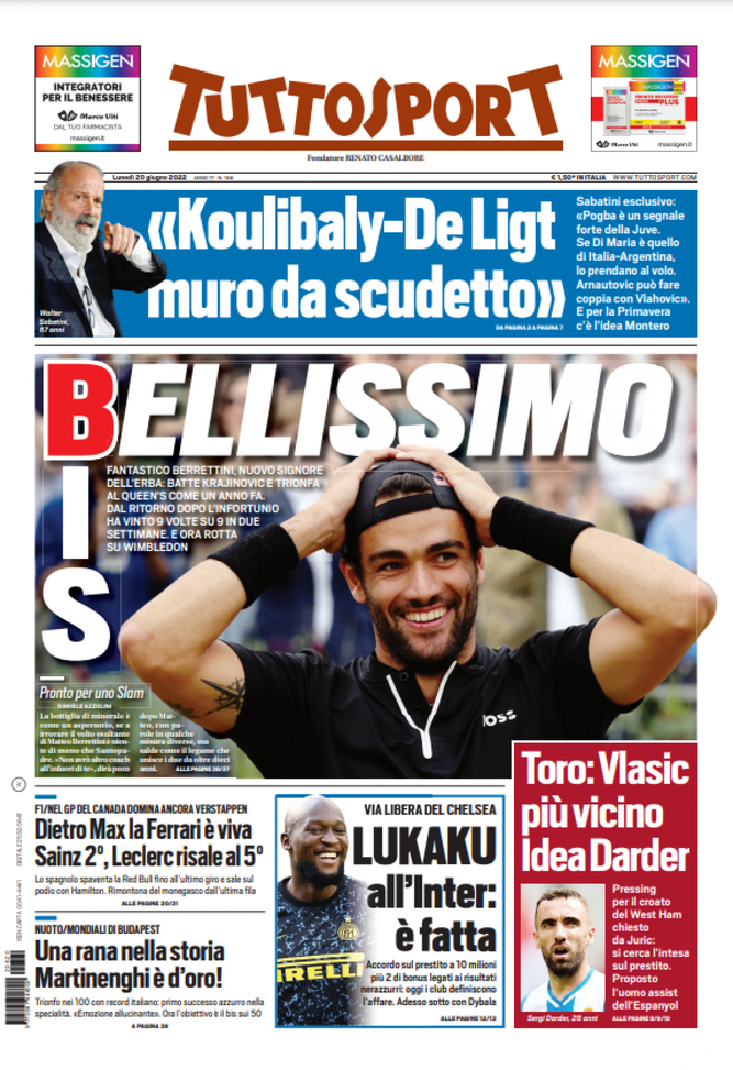 Prima Pagina Tuttosport, Sabatini: “Koulibaly-De Ligt, muro da scudetto“  Prima Pagina Tuttosport, Sabatini: “Koulibaly-De Ligt, muro da scudetto“ - immagine 1