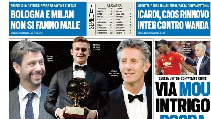 Prima Pagina, Tuttosport: “Juve-De Ligt, l’incontro. Via Mou, intrigo Pogba. Icardi, caos rinnovo…”  Prima Pagina, Tuttosport: “Juve-De Ligt, l’incontro. Via Mou, intrigo Pogba. Icardi, caos rinnovo…”
