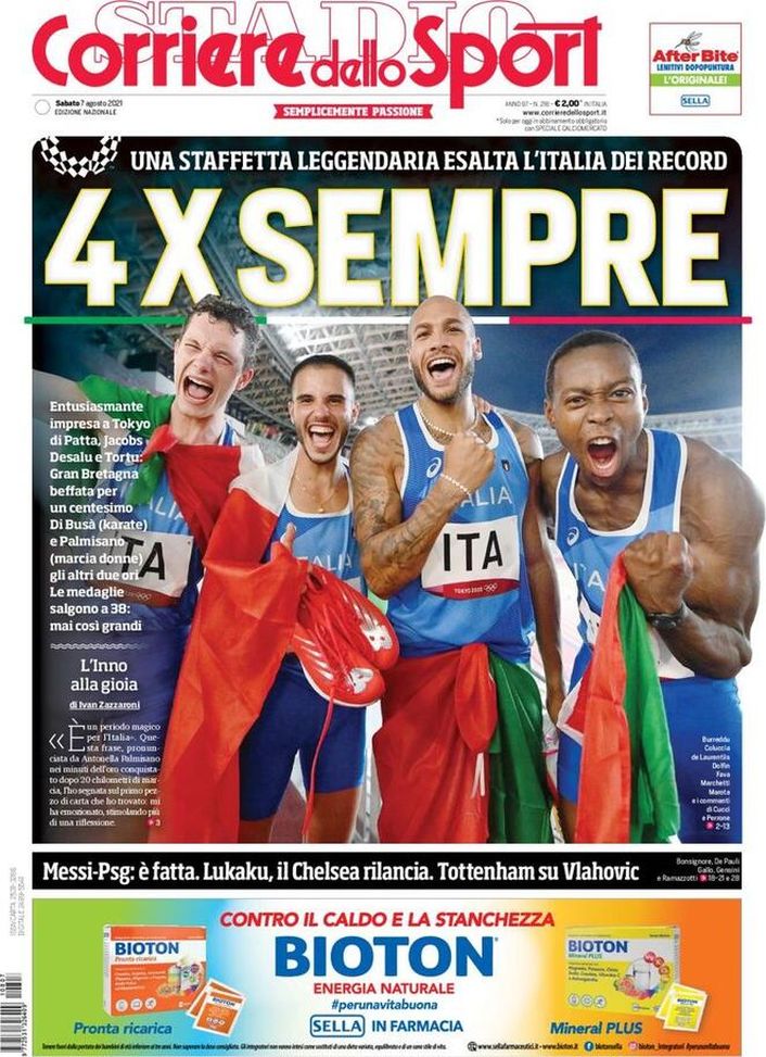 Prima Pagina, Corriere dello Sport: “4 x sempre! Una staffetta leggendaria” Prima Pagina, Corriere dello Sport: “4 x sempre! Una staffetta leggendaria”