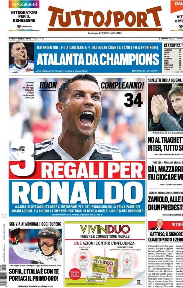 Prima Pagina, Tuttosport: “Tre regali per Ronaldo. Inter, tutto su Conte. Atalanta da Champions…” Prima Pagina, Tuttosport: “Tre regali per Ronaldo. Inter, tutto su Conte. Atalanta da Champions…”