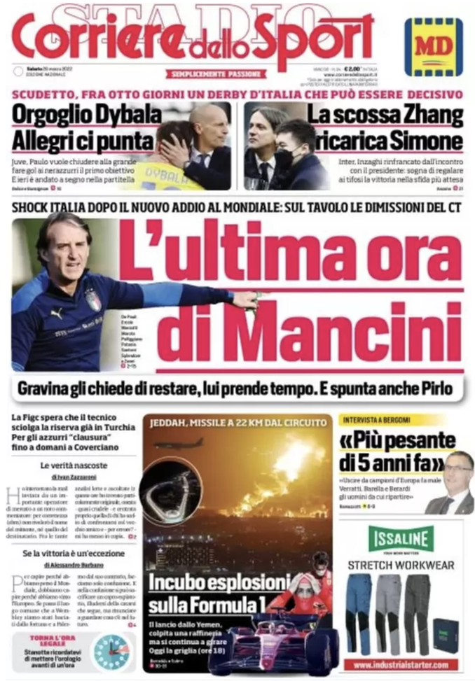 Prima Pagina, Corriere dello Sport: “L’ultima ora di Mancini. Orgoglio Dybala”  prima pagina