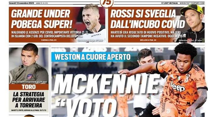 Tuttosport, la prima pagina di oggi, 13 novembre 2020 
