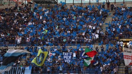MILAN, ITALY - SEPTEMBER 17: General view of FC Internazionale fans cheering with flags before the UEFA Champions League group F match between FC Internazionale and Slavia Praha at Giuseppe Meazza Stadium on September 17, 2019 in Milan, Italy. (Photo by Marco Luzzani - Inter/Inter via Getty Images) MILAN, ITALY - SEPTEMBER 17: General view of FC Internazionale fans cheering with flags before the UEFA Champions League group F match between FC Internazionale and Slavia Praha at Giuseppe Meazza Stadium on September 17, 2019 in Milan, Italy. (Photo by Marco Luzzani - Inter/Inter via Getty Images)