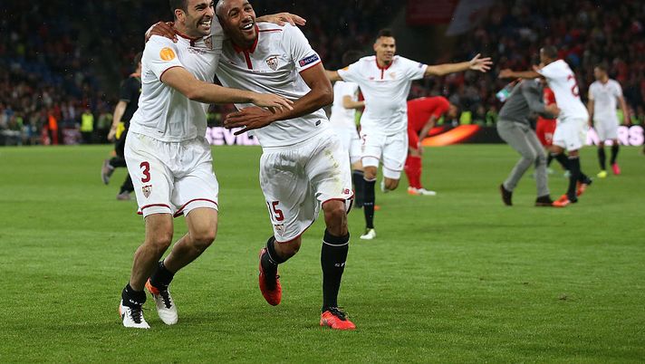 BASEL, SWITZERLAND - MAY 18:  Adil Rami (L) and Steven N'Zonzi (R) of Sevilla celebrate their 3-1 win in the UEFA Europa League Final match between Liverpool and Sevilla at St. Jakob-Park on May 18, 2016 in Basel, Switzerland.  (Photo by Lars Baron/Getty Images) 
