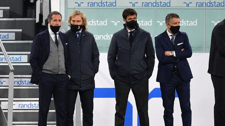 TURIN, ITALY - APRIL 21: Fabio Paratici, Pavel Nedved, Andrea Agnelli and Federico Cherubini lokk on during the Serie A match between Juventus and Parma Calcio at Allianz Stadium on April 21, 2021 in Turin, Italy. (Photo by Valerio Pennicino/Getty Images ) TURIN, ITALY - APRIL 21: Fabio Paratici, Pavel Nedved, Andrea Agnelli and Federico Cherubini lokk on during the Serie A match between Juventus and Parma Calcio at Allianz Stadium on April 21, 2021 in Turin, Italy. (Photo by Valerio Pennicino/Getty Images )