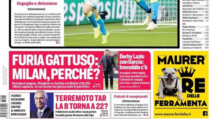 Prima Pagina, Corriere dello Sport: “Grandeur. Inter, grazie PSV. Furia Gattuso. Terremoto Tar, la B torna a 22?”  Prima Pagina, Corriere dello Sport: “Grandeur. Inter, grazie PSV. Furia Gattuso. Terremoto Tar, la B torna a 22?”