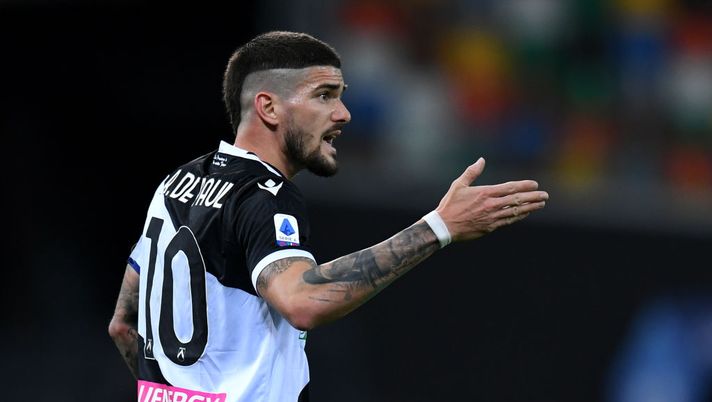 UDINE, ITALY - APRIL 10: Rodrigo De Paul of Udinese Calcio reacts during the Serie A match between Udinese Calcio and Torino FC at Dacia Arena on April 10, 2021 in Udine, Italy. Sporting stadiums around Italy remain under strict restrictions due to the Coronavirus Pandemic as Government social distancing laws prohibit fans inside venues resulting in games being played behind closed doors. (Photo by Alessandro Sabattini/Getty Images) UDINE, ITALY - APRIL 10: Rodrigo De Paul of Udinese Calcio reacts during the Serie A match between Udinese Calcio and Torino FC at Dacia Arena on April 10, 2021 in Udine, Italy. Sporting stadiums around Italy remain under strict restrictions due to the Coronavirus Pandemic as Government social distancing laws prohibit fans inside venues resulting in games being played behind closed doors. (Photo by Alessandro Sabattini/Getty Images)